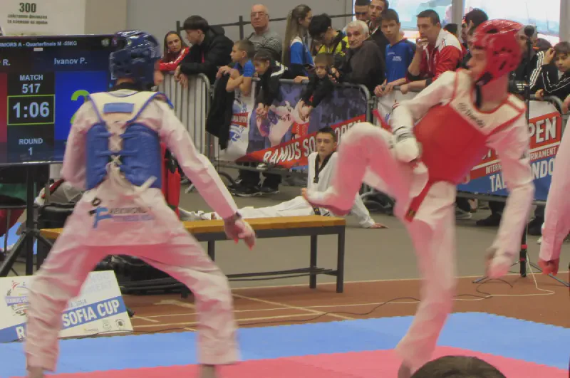 Динамичен момент от таекуондо двубой на Ramus Sofia Open 2026 със състезател на клуб Инвикта.